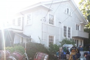 The side and front of the Wilshire House.  Bottom right corner is the Study. Each back-side bedroom sports a balcony as well as the large front upstairs balcony/patio.